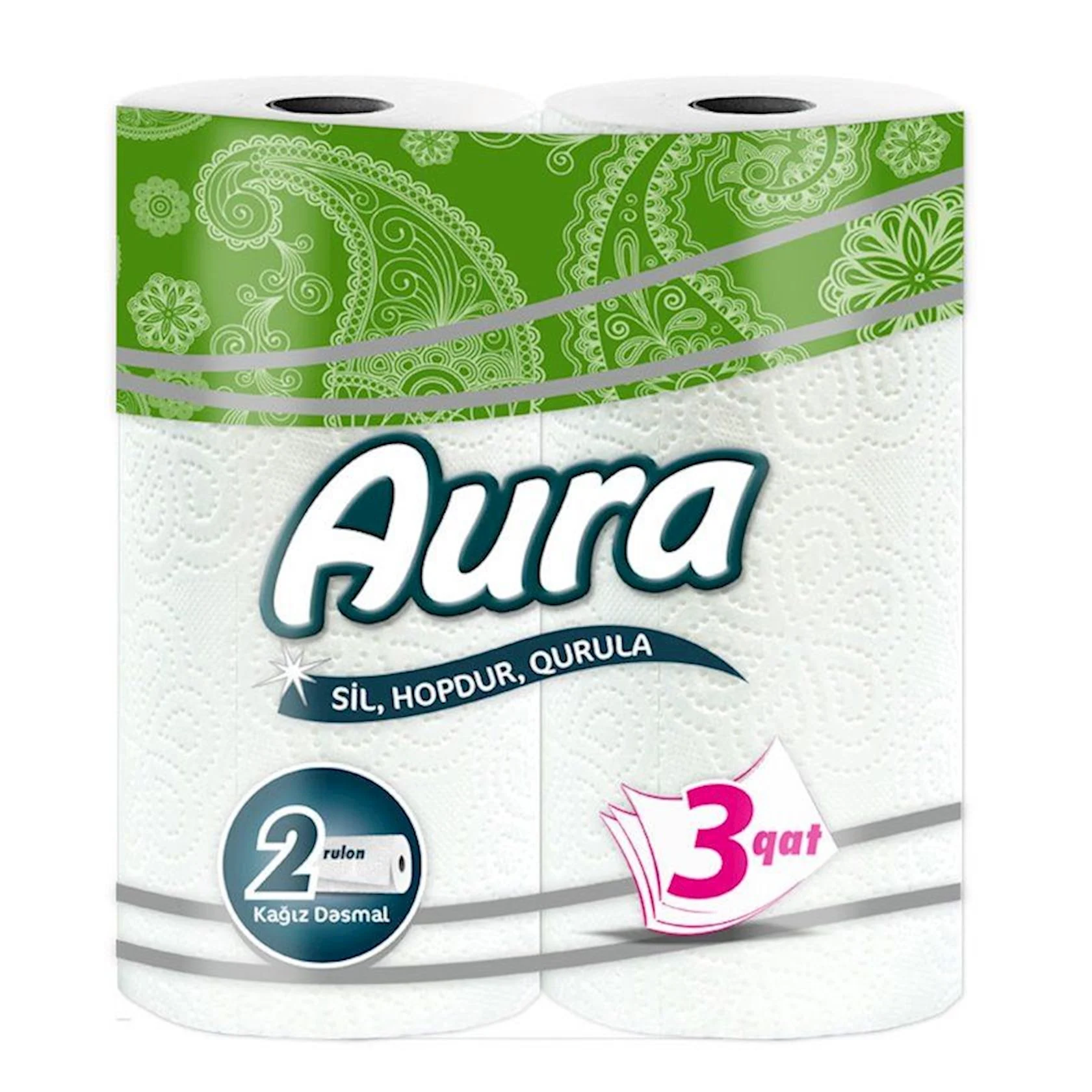 Mətbəx üçün kağız dəsmal Aura, 2 rulon, 3 qatlı, ağ